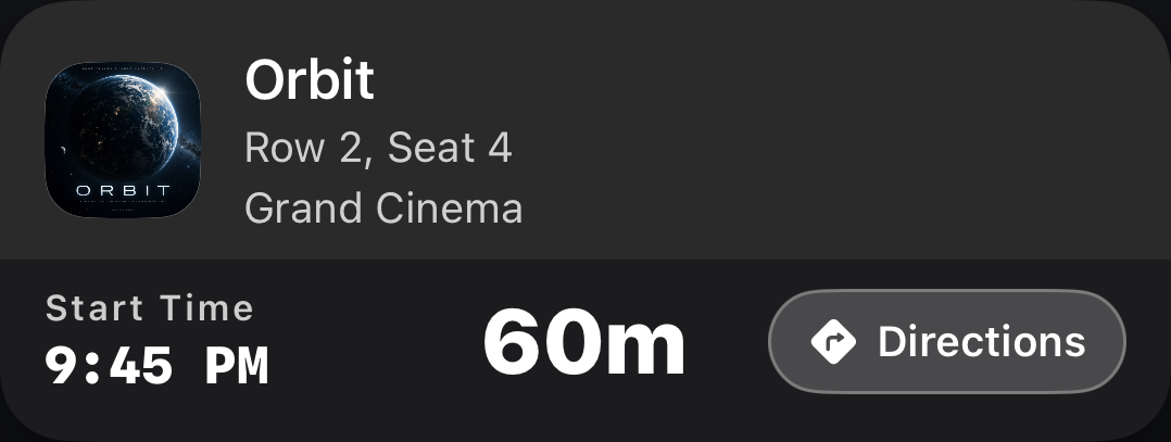 Movie ticket card: Orbit, Grand Cinema, Row 2 Seat 4, starting in 89 minutes, with a Directions button