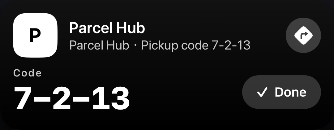 Parcel Hub pickup card: code 7-2-13, with a directions button and a Done button